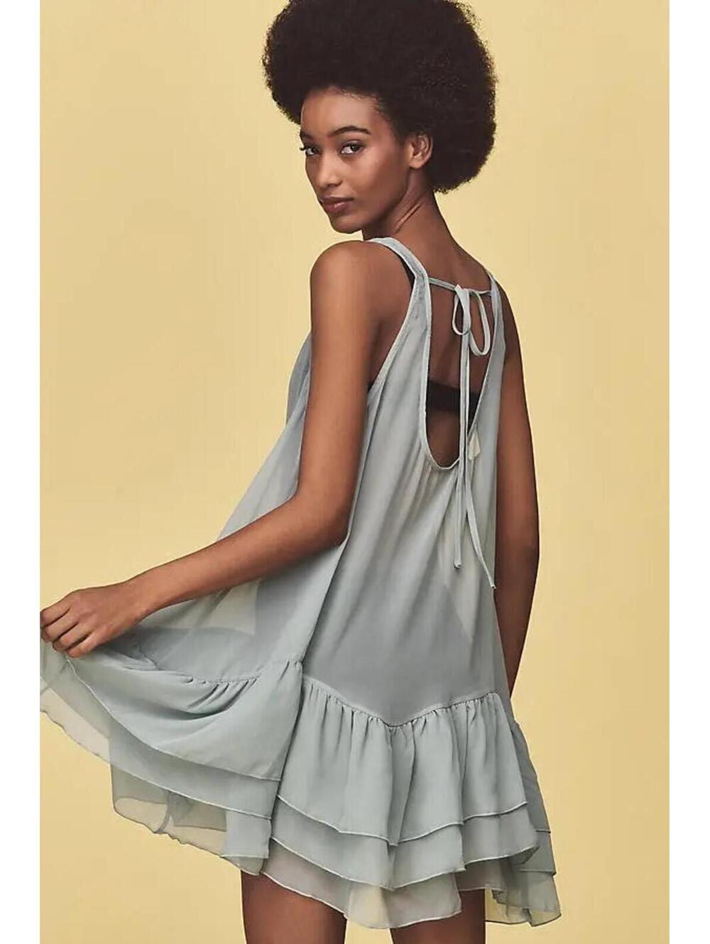 Anthropologie Sarah Hann Light Green Sheer Ruffle Tunic Mini Dress O/S NWT